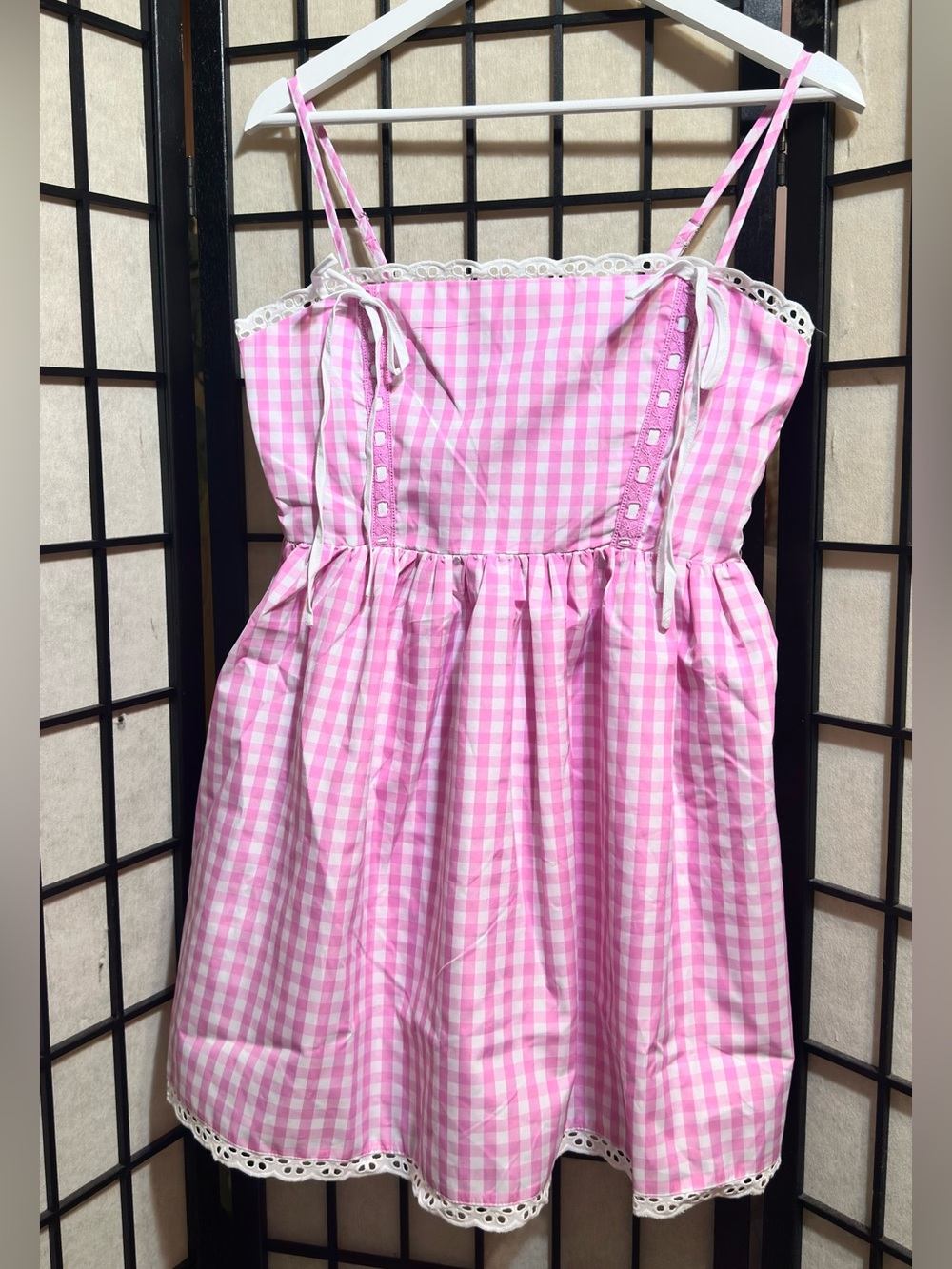 Pink and White Gingham Bow Lace Trim Dress